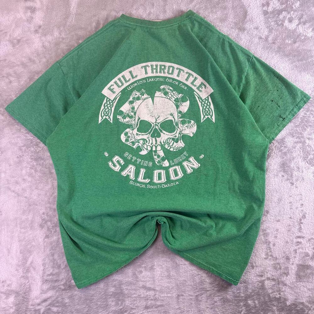 Y2K Full Throttle Saloon Sturgis SD Skull Graphic Tee Green XL Biker